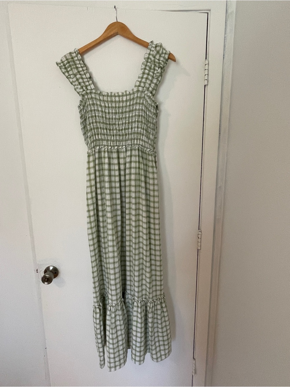 Smocked Gingham Maxi Dress - Sage Green